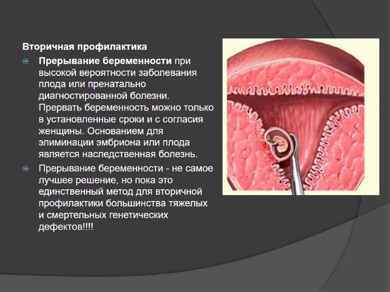 Вторичная профилактика Прерывание беременности при высокой вероятности заболевания плода или пренатально диагностированной болезни. Прервать